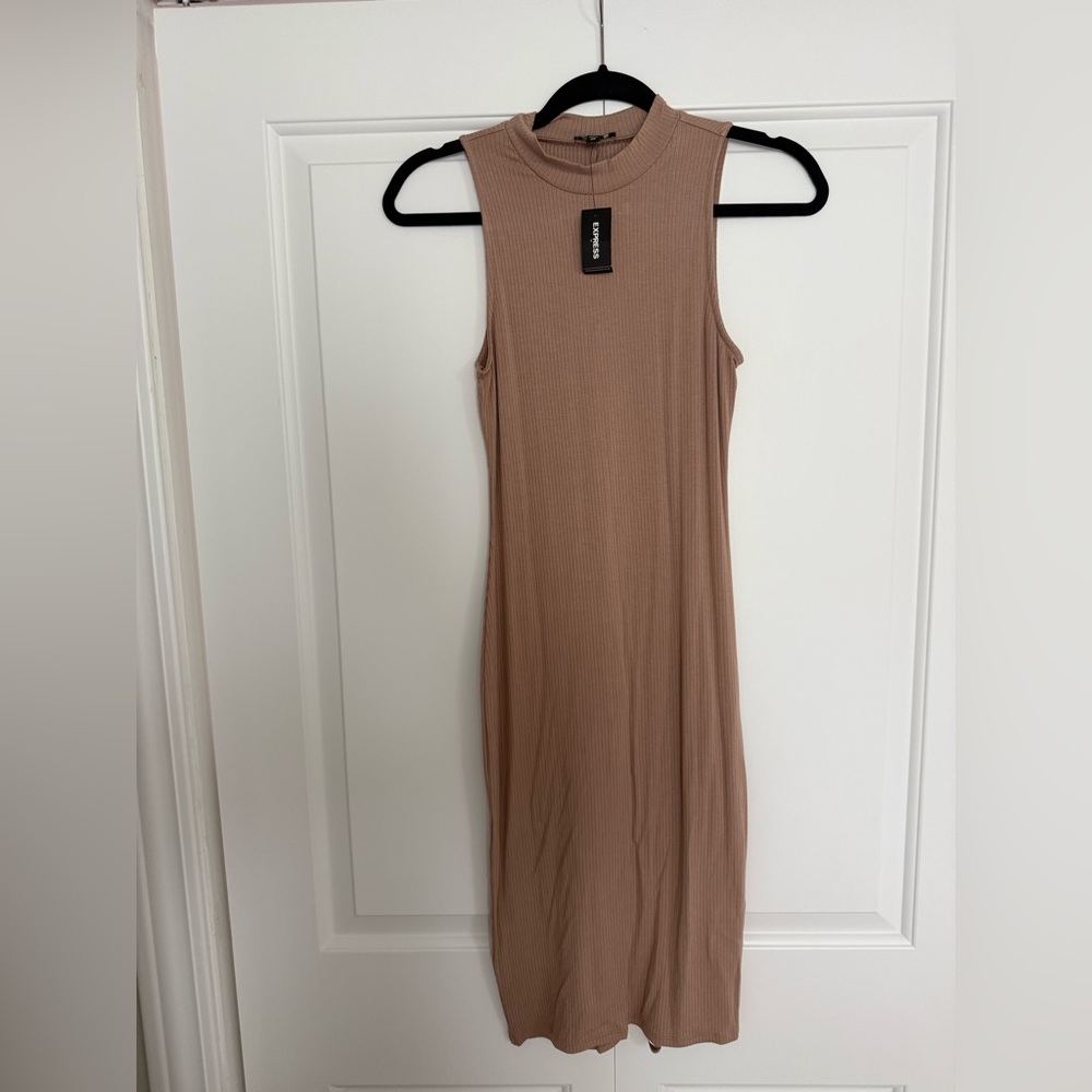 NWT Express Brown Tan Ribbed Midi Dress Mock Neck Sleeveless